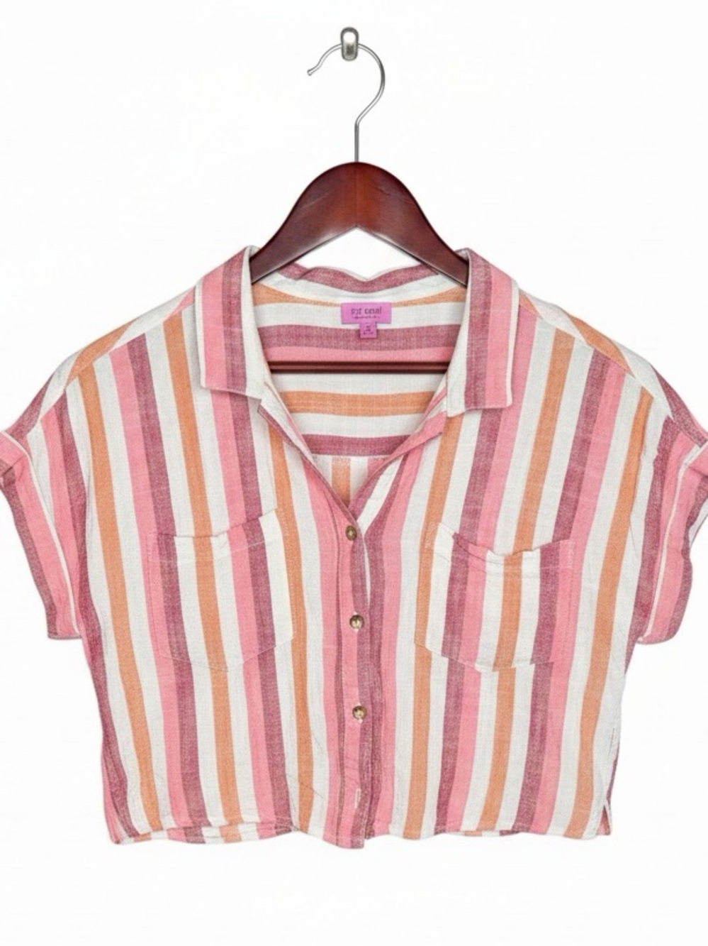 miami Pink, Cream & Orange Striped Crop Button-Down